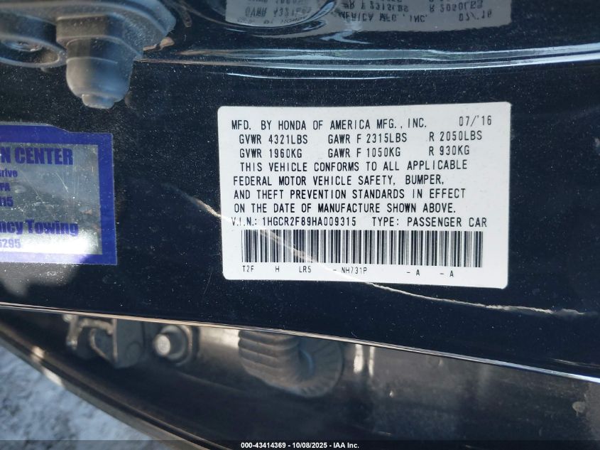 2017 Honda Accord Ex-L VIN: 1HGCR2F89HA009315 Lot: 43414369