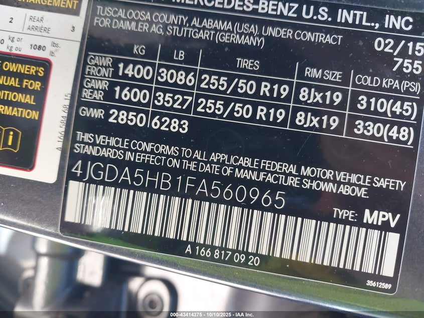 2015 MERCEDES-BENZ ML 350 4MATIC 4JGDA5HB1FA560965