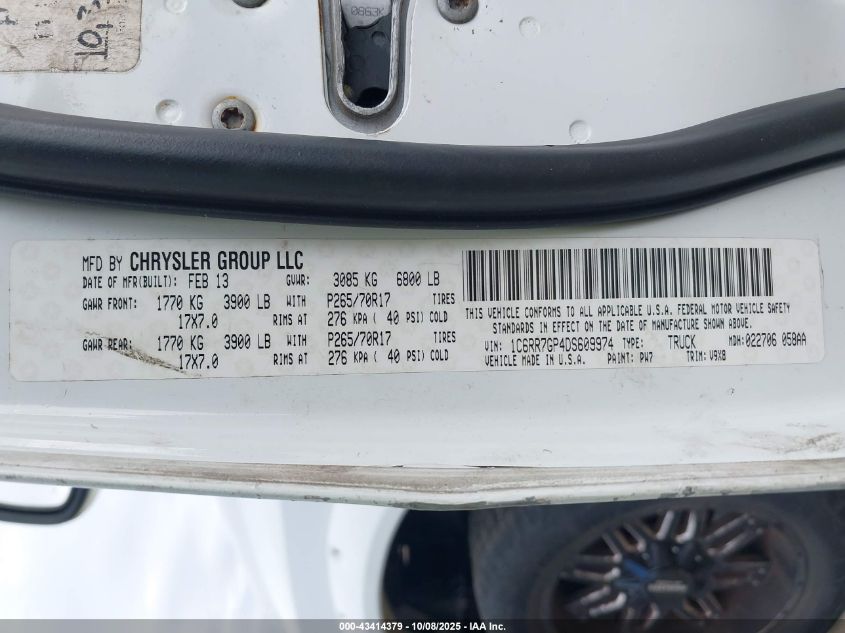 2013 Ram 1500 Sport VIN: 1C6RR7MT4DS515952 Lot: 43414379