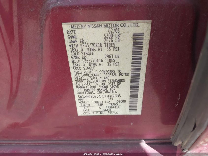 2005 Nissan Xterra S VIN: 5N1AN08U75C606698 Lot: 43414389