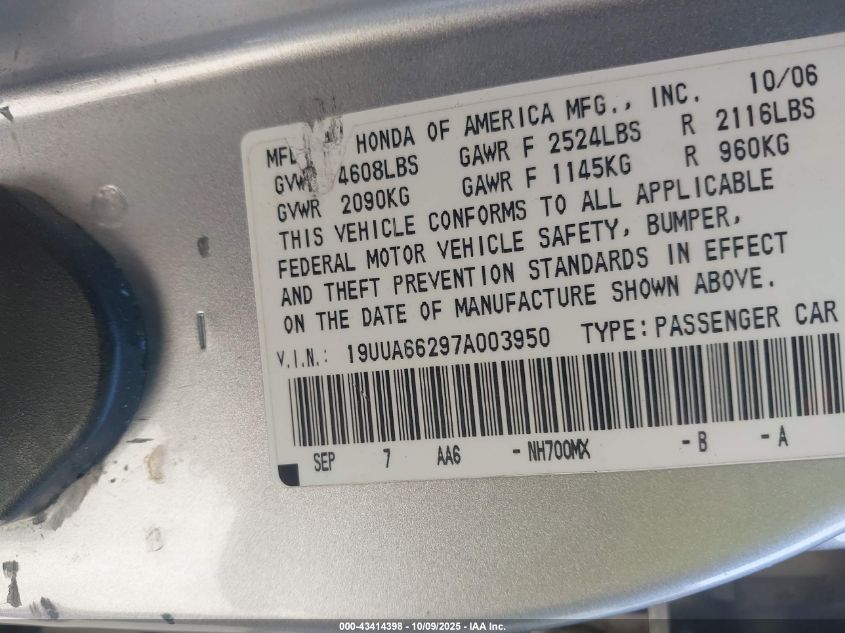 2007 Acura Tl 3.2 VIN: 19UUA66297A003950 Lot: 43414398