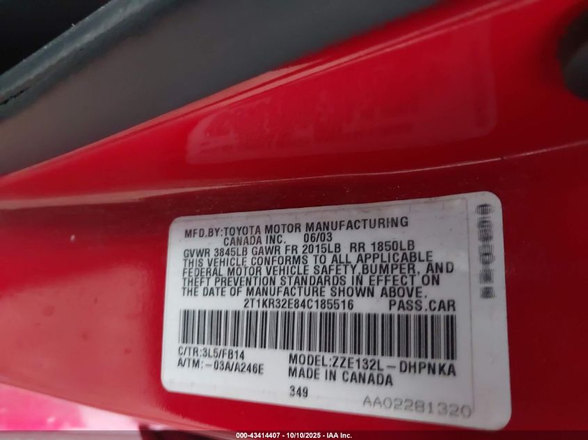 2004 Toyota Matrix Xr VIN: 2T1KR32E84C185516 Lot: 43414407