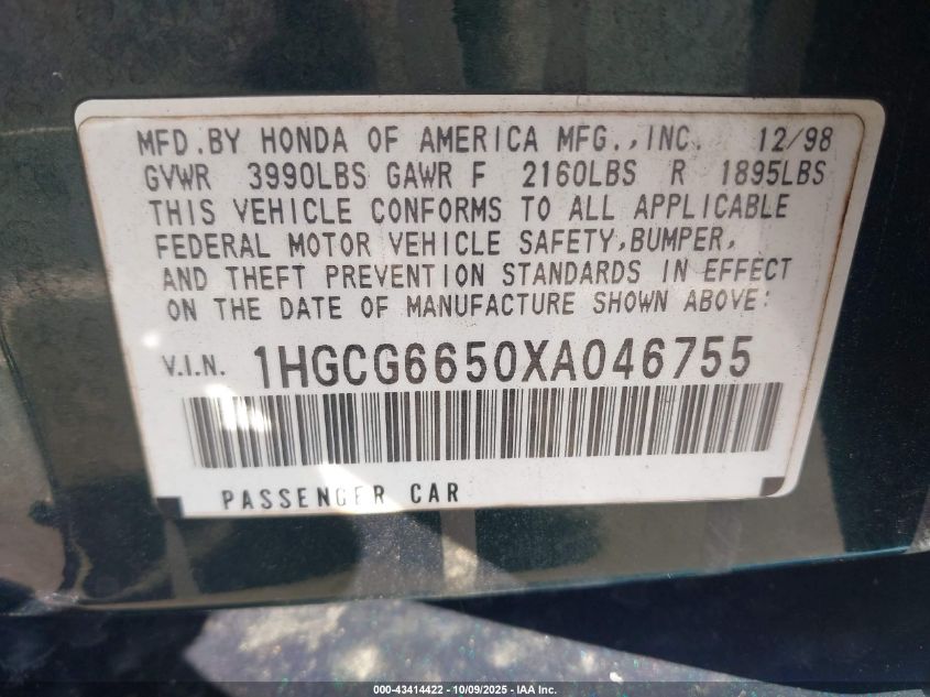 1999 Honda Accord Lx VIN: 1HGCG6650XA046755 Lot: 43414422