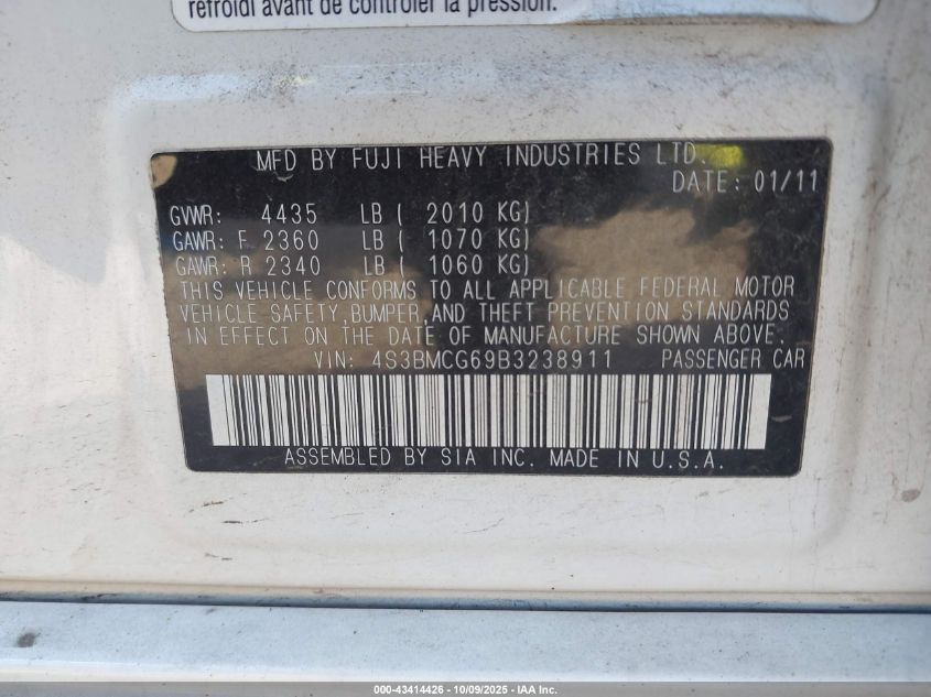 2011 Subaru Legacy 2.5I Premium VIN: 4S3BMCG69B3238911 Lot: 43414426