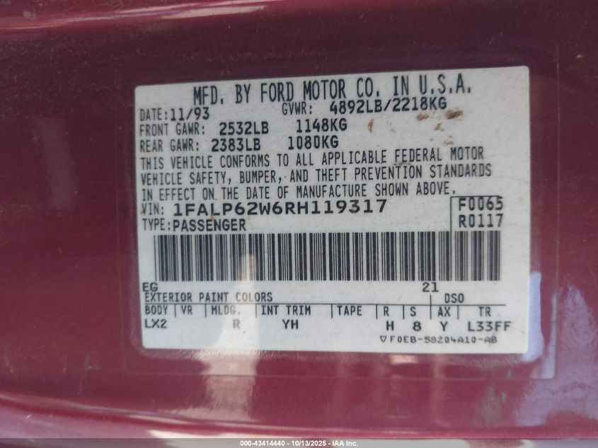 1994 Ford Thunderbird Lx VIN: 1FALP62W6RH119317 Lot: 43414440