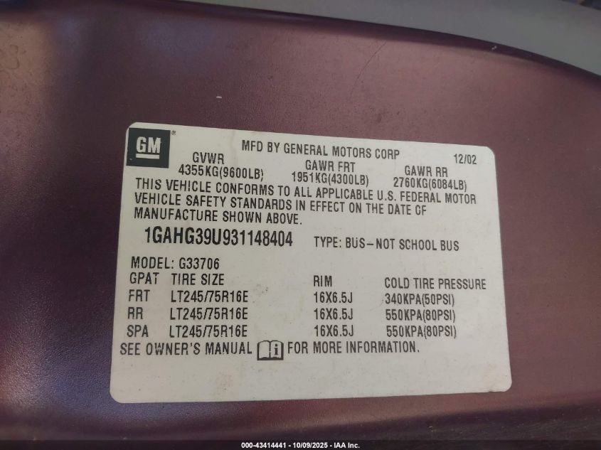 2003 Chevrolet Express VIN: 1GAHG39U931148404 Lot: 43414441