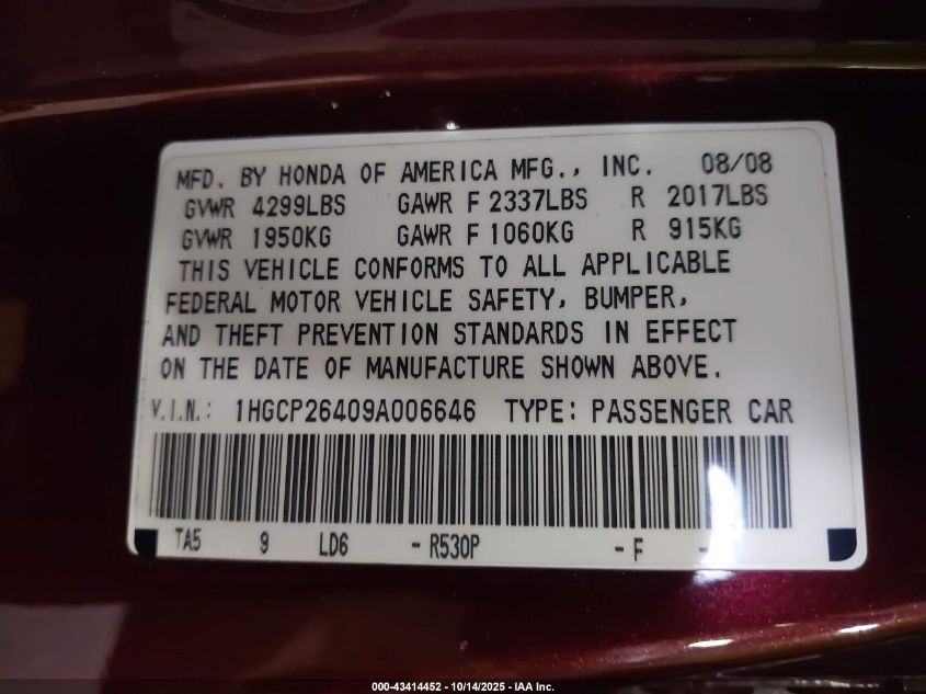 2009 Honda Accord 2.4 Lx-P VIN: 1HGCP26409A006646 Lot: 43414452