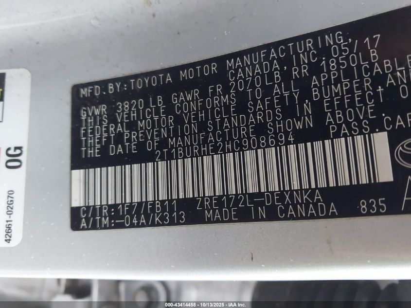 2017 Toyota Corolla Le VIN: 2T1BURHE2HC908694 Lot: 43414458