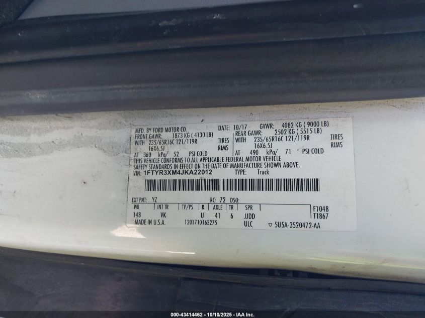 2018 Ford Transit-250 VIN: 1FTYR3XM4JKA22012 Lot: 43414462