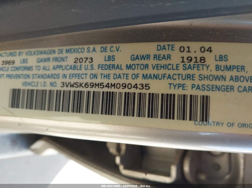 2004 Volkswagen Jetta Gls 2.0L VIN: 3VWSK69M54M090435 Lot: 43414480