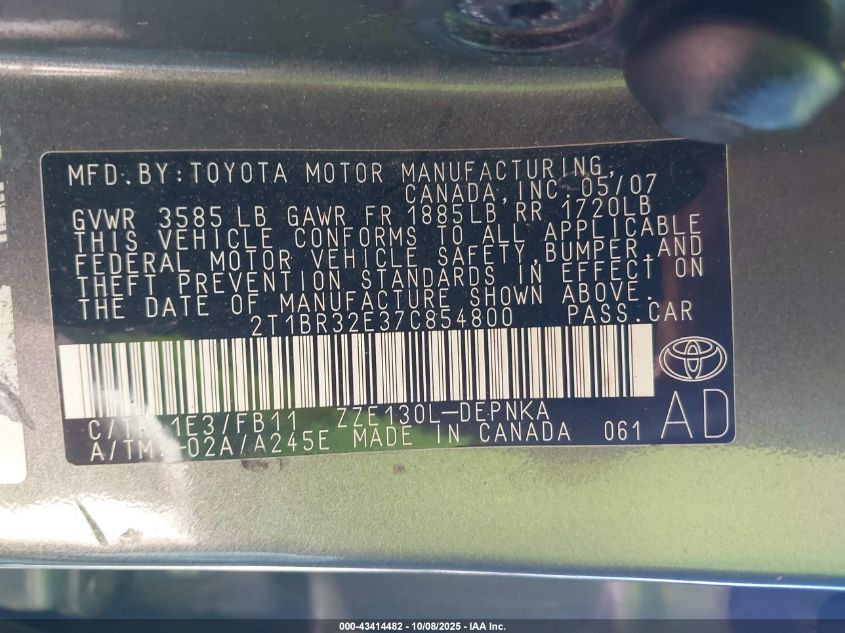 2007 Toyota Corolla Le VIN: 2T1BR32E37C854800 Lot: 43414482