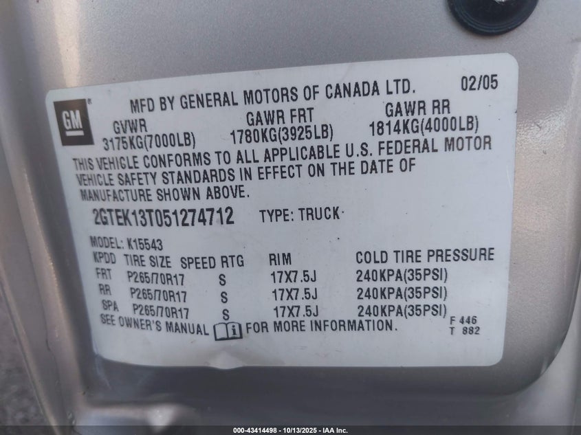 2005 GMC Sierra 1500 Slt VIN: 2GTEK13T051274712 Lot: 43414498