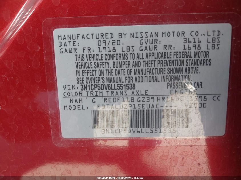 2020 Nissan Kicks Sr Xtronic Cvt VIN: 3N1CP5DV6LL551538 Lot: 43414509