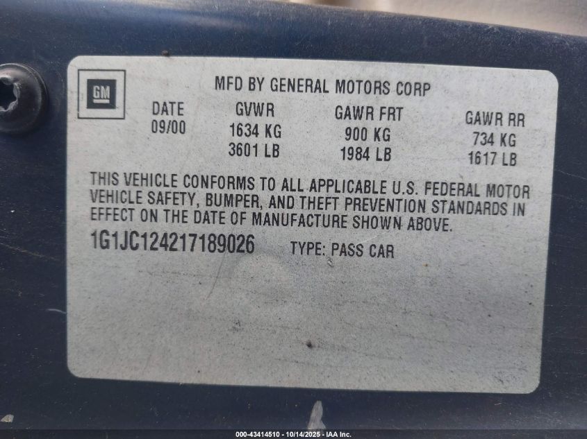 2001 Chevrolet Cavalier VIN: 1G1JC124217189026 Lot: 43414510