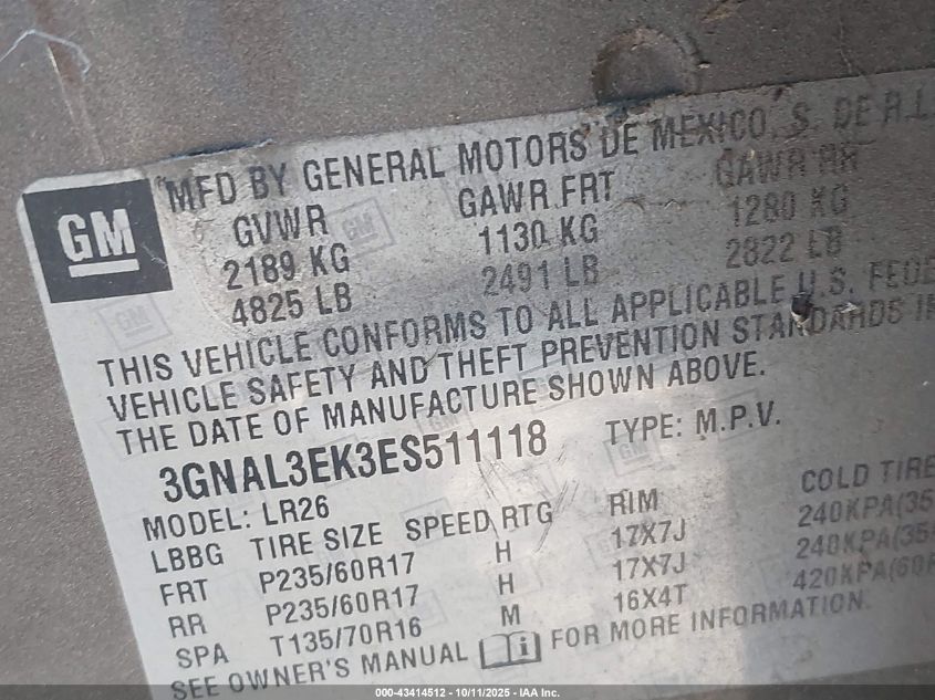 2014 Chevrolet Captiva Sport Lt VIN: 3GNAL3EK3ES511118 Lot: 43414512