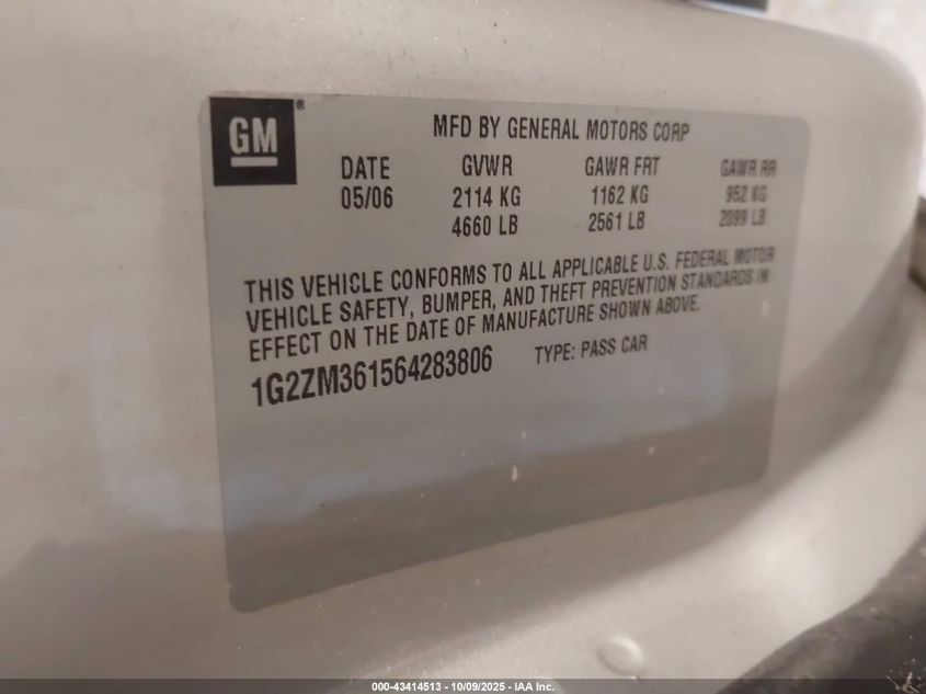 2006 Pontiac G6 Gtp VIN: 1G2ZM361564283806 Lot: 43414513