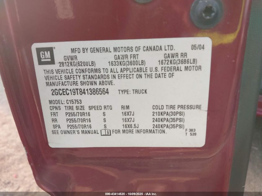 2004 Chevrolet Silverado 1500 Ls VIN: 2GCEC19T841386564 Lot: 43414520