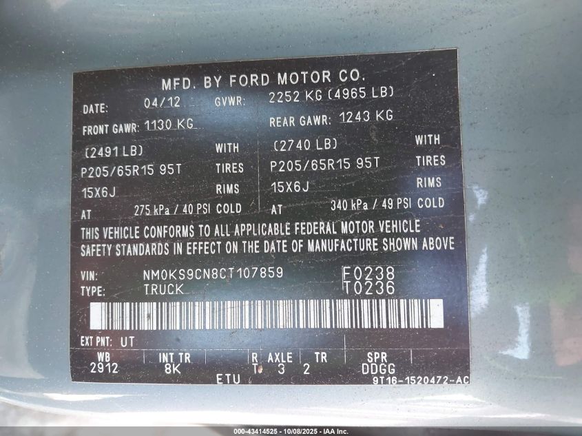 2012 Ford Transit Connect Xlt Premium VIN: NM0KS9CN8CT107859 Lot: 43414525