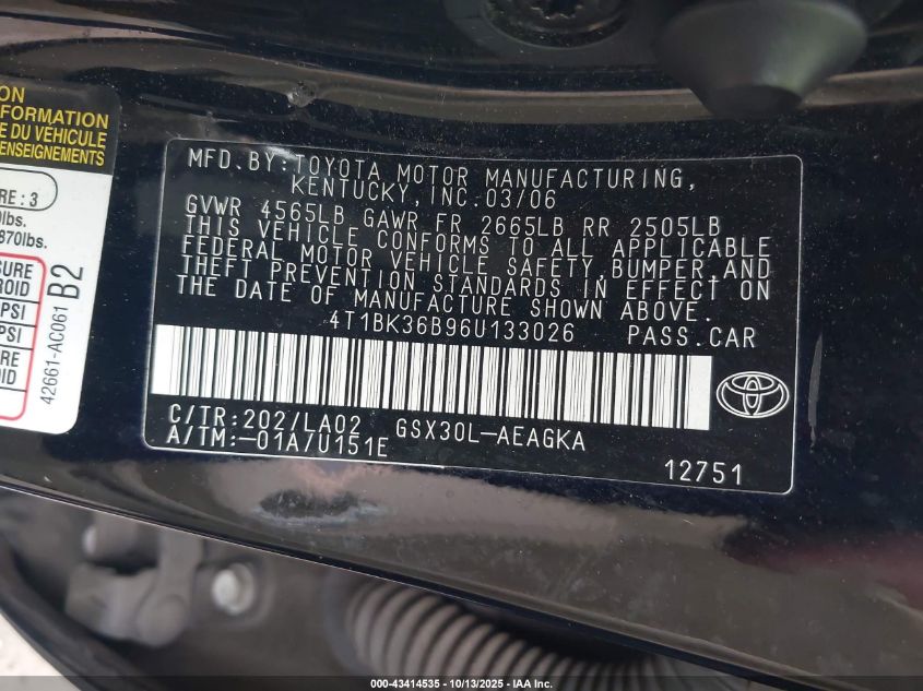 2006 Toyota Avalon Xls VIN: 4T1BK36B96U133026 Lot: 43414535