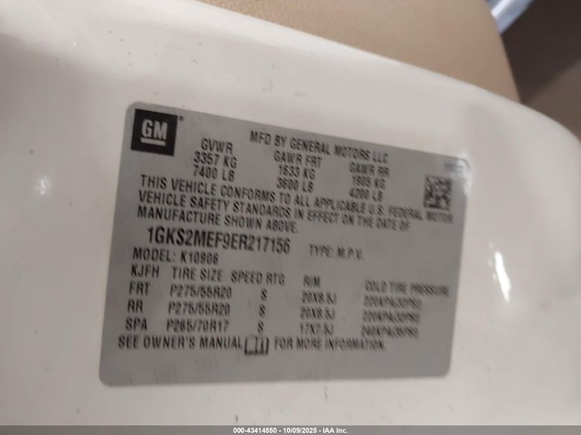 2014 GMC Yukon Xl 1500 Denali VIN: 1GKS2MEF9ER217156 Lot: 43414550