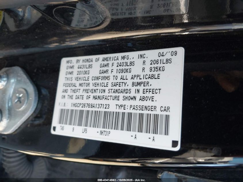 2009 Honda Accord 2.4 Ex VIN: 1HGCP26769A137123 Lot: 43414563