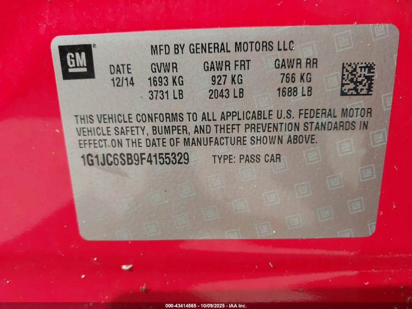 2015 Chevrolet Sonic Lt Auto VIN: 1G1JC6SB9F4155329 Lot: 43414565