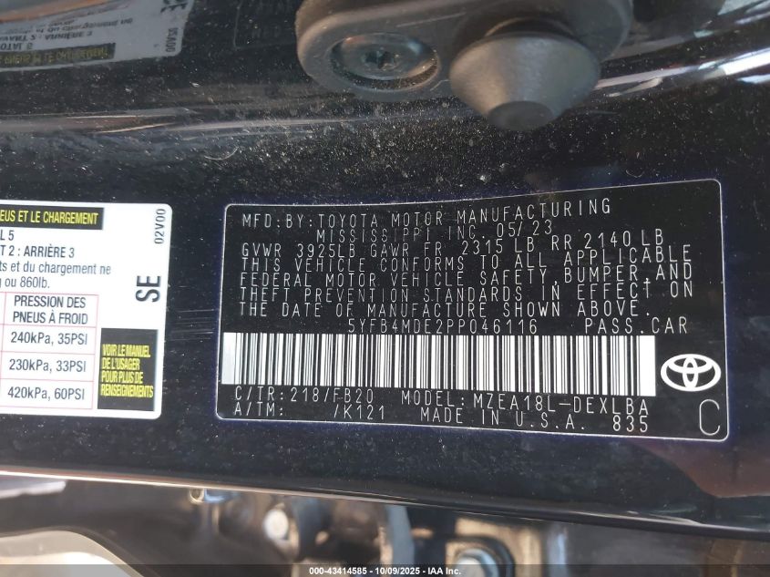 2023 Toyota Corolla Le VIN: 5YFB4MDE2PP046116 Lot: 43414585