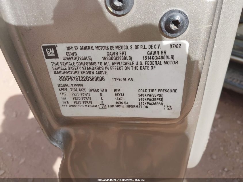 2002 GMC Yukon Xl 1500 Slt VIN: 3GKFK16Z22G360096 Lot: 43414589