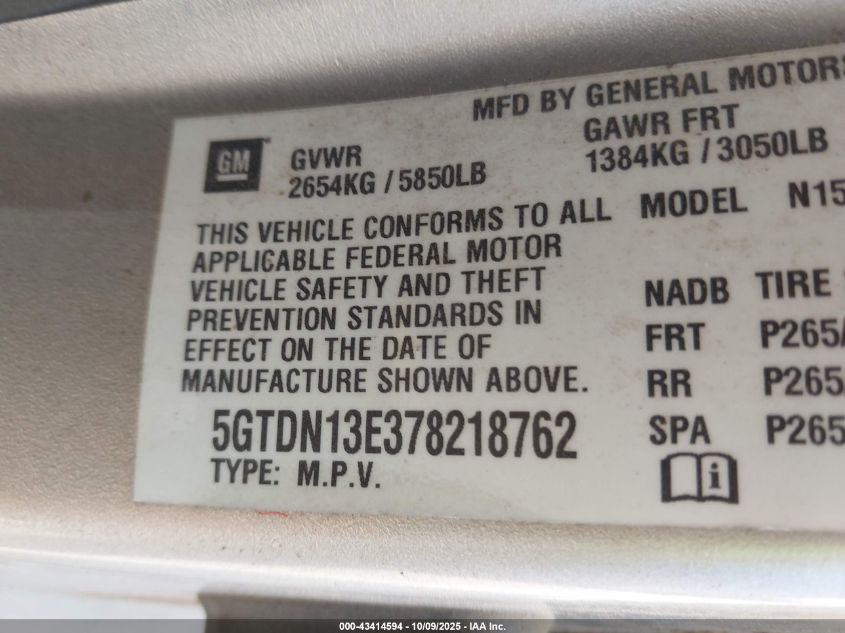 2007 Hummer H3 Suv VIN: 5GTDN13E378218762 Lot: 43414594