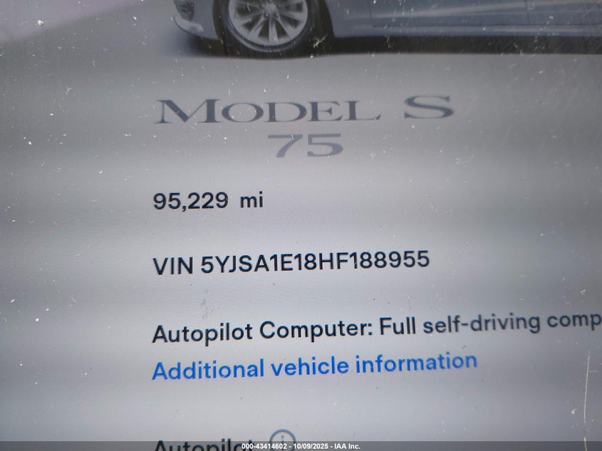 2017 Tesla Model S 60/75 VIN: 5YJSA1E18HF188955 Lot: 43414602