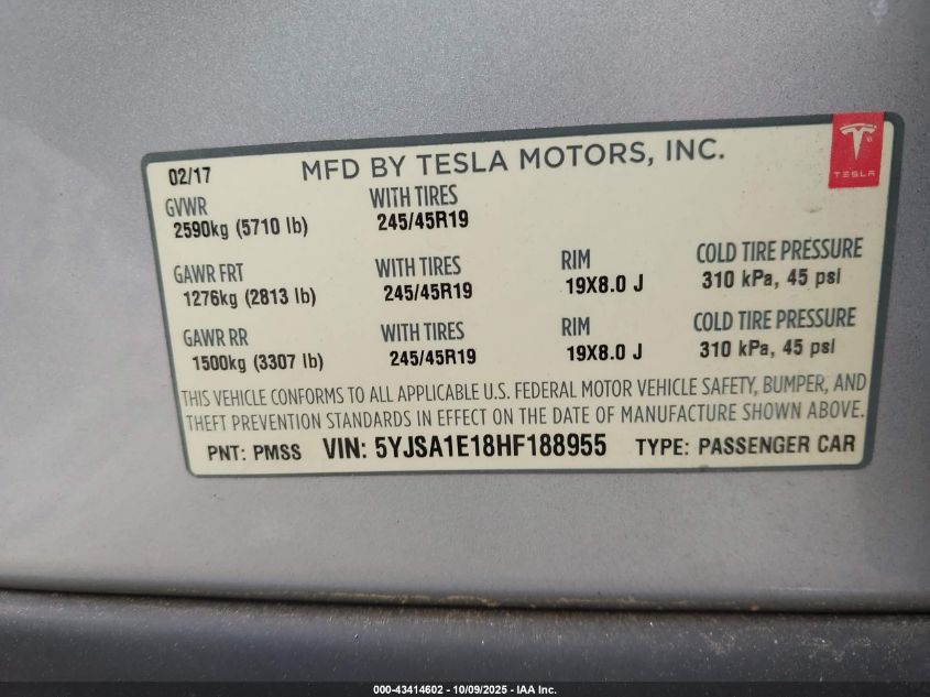 2017 Tesla Model S 60/75 VIN: 5YJSA1E18HF188955 Lot: 43414602