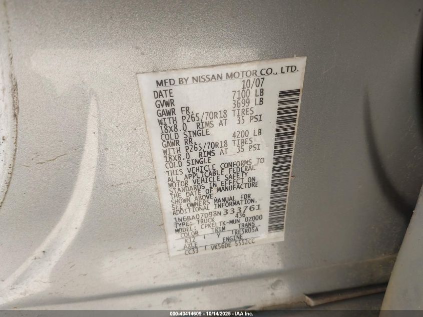 2008 Nissan Titan Se VIN: 1N6BA07D98N333761 Lot: 43414609