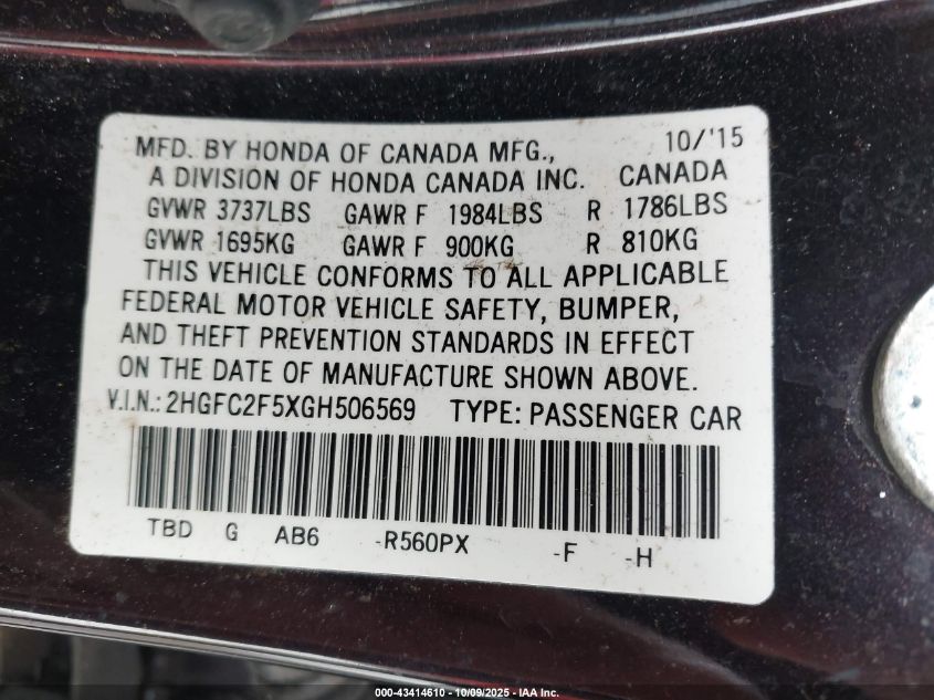 2016 Honda Civic Lx VIN: 2HGFC2F5XGH506569 Lot: 43414610