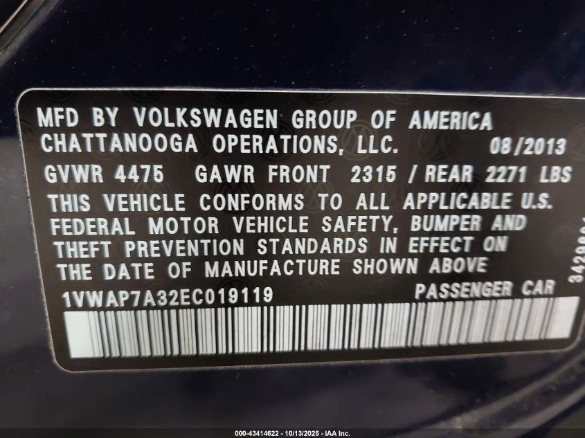 2014 Volkswagen Passat 2.5L Wolfsburg Edition VIN: 1VWAP7A32EC019119 Lot: 43414622