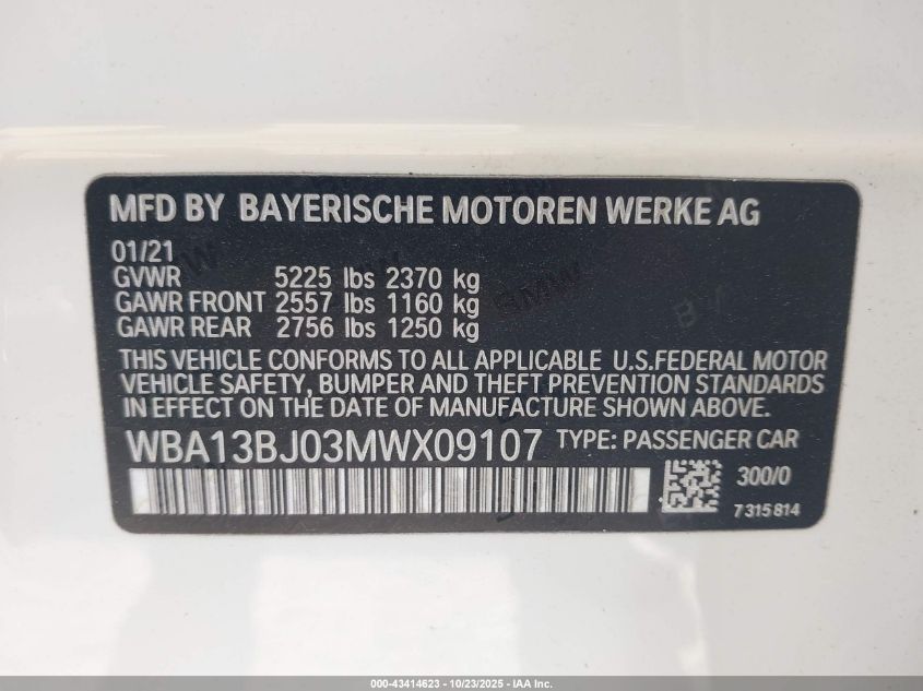 2021 BMW 530I xDrive VIN: WBA13BJ03MWX09107 Lot: 43414623