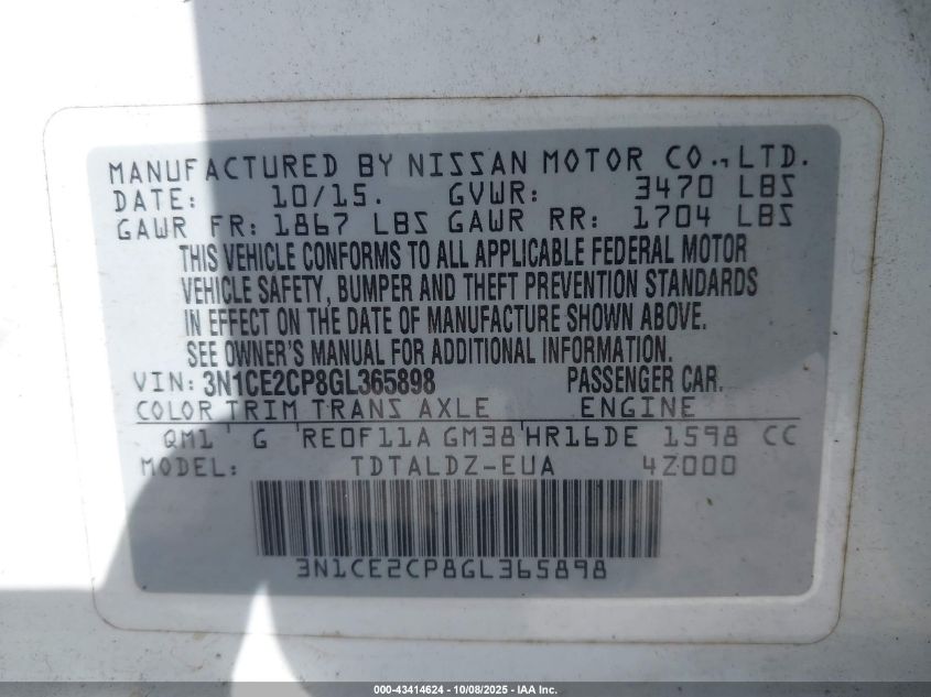 2016 Nissan Versa Note S (Sr)/S Plus/Sl/Sr/Sv VIN: 3N1CE2CP8GL365898 Lot: 43414624