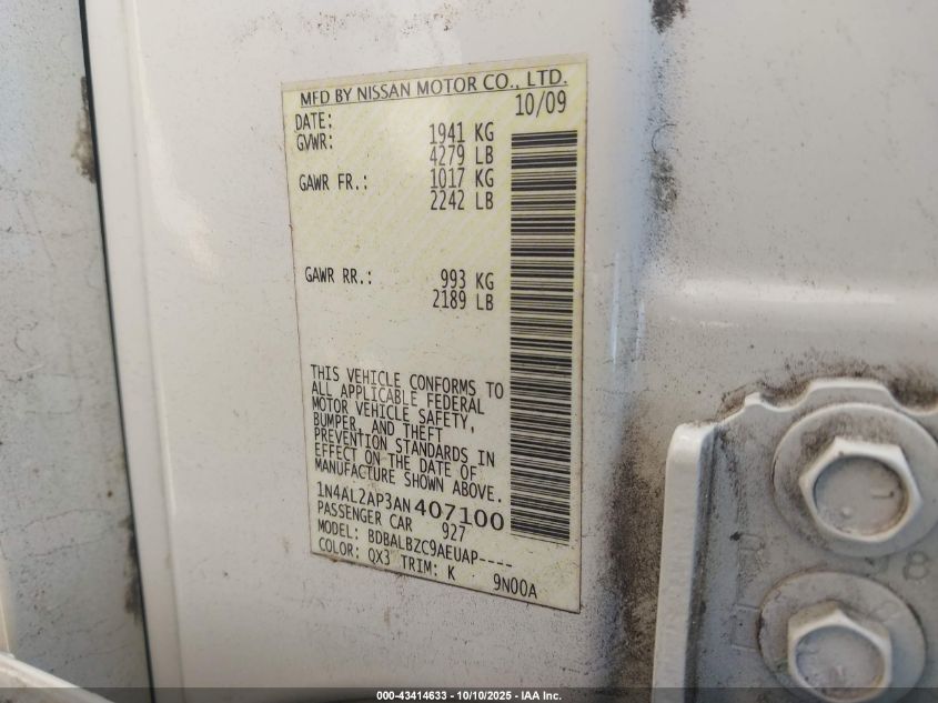 2010 Nissan Altima 2.5 S VIN: 1N4AL2AP3AN407100 Lot: 43414633