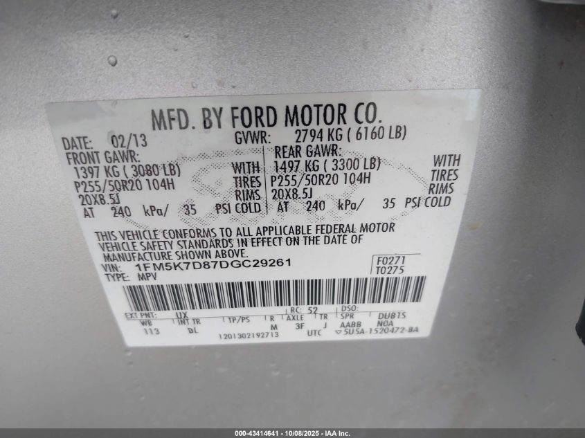 2013 Ford Explorer Xlt VIN: 1FM5K7D87DGC29261 Lot: 43414641