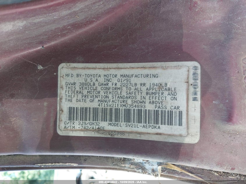 1991 Toyota Camry Le VIN: JT2VV22W0M0157871 Lot: 43414642