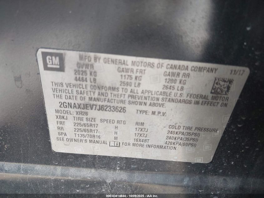 2018 Chevrolet Equinox Lt VIN: 2GNAXJEV7J6233626 Lot: 43414644