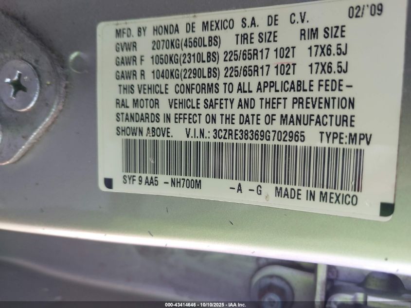 2009 Honda Cr-V Lx VIN: 3CZRE38369G702965 Lot: 43414646