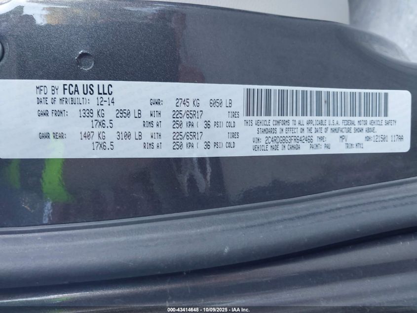 2015 Dodge Grand Caravan Se Plus VIN: 2C4RDGBG3FR642466 Lot: 43414648