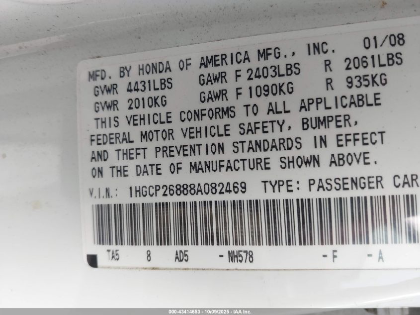 2008 Honda Accord 2.4 Ex-L VIN: 1HGCP26888A082469 Lot: 43414653