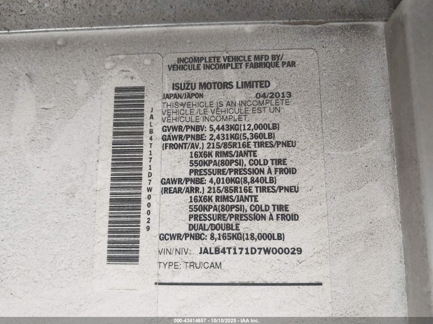 2013 Isuzu Commercial Van VIN: JALB4T171D7W00029 Lot: 43414657