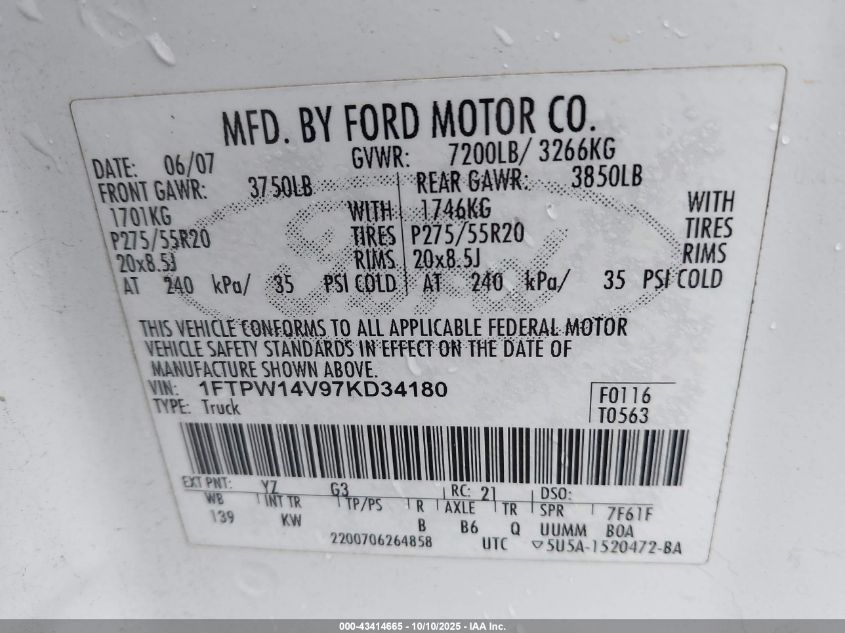 2007 Ford F-150 Fx4/Lariat/Xlt VIN: 1FTPW14V97KD34180 Lot: 43414665