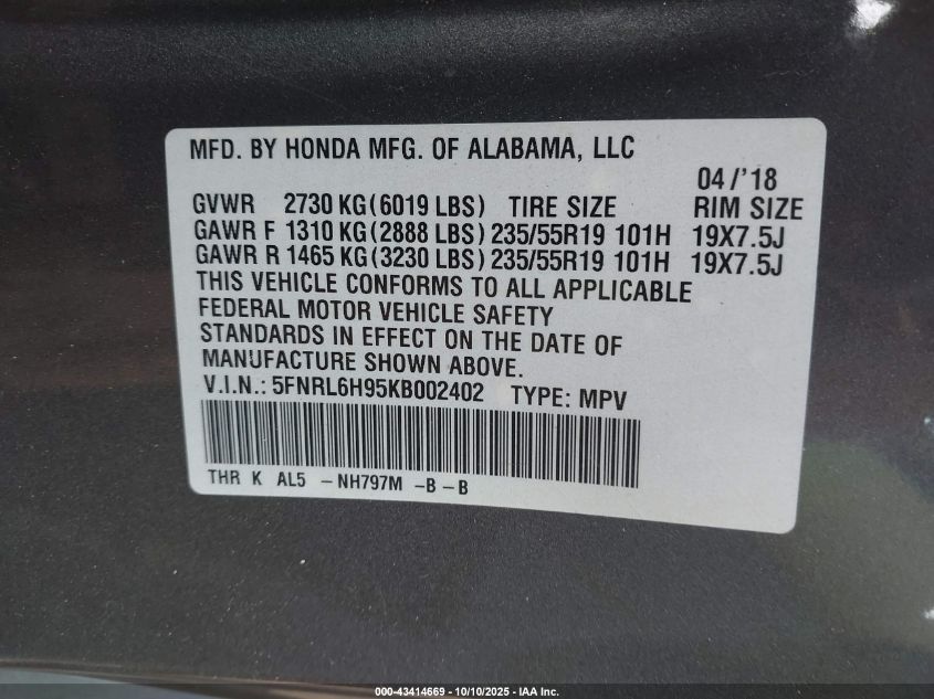 2019 Honda Odyssey Elite VIN: 5FNRL6H95KB002402 Lot: 43414669