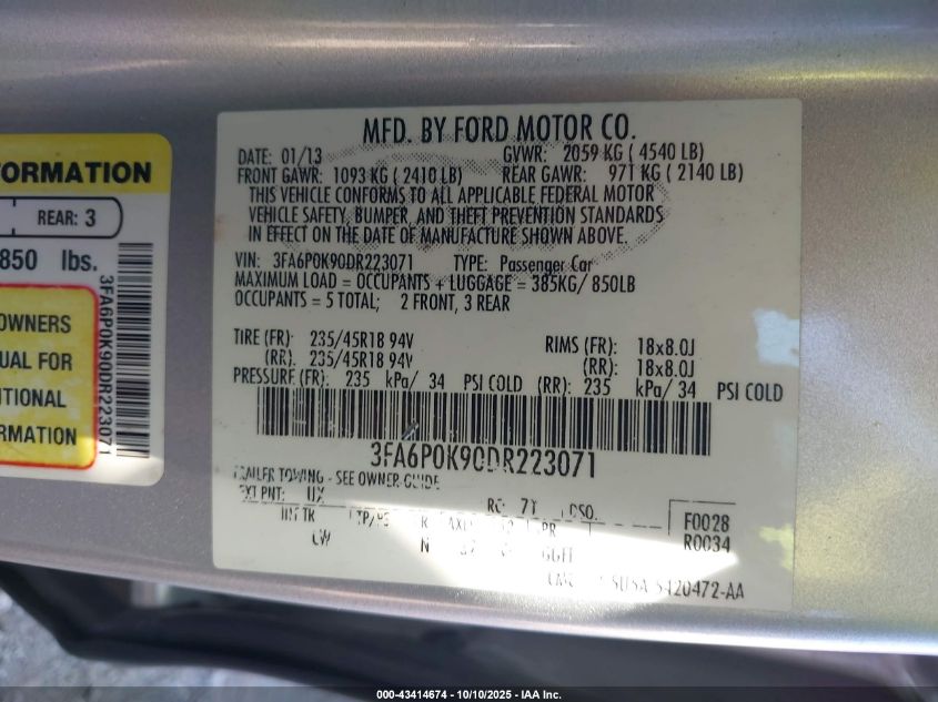 2013 Ford Fusion Titanium VIN: 3FA6P0K90DR223071 Lot: 43414674