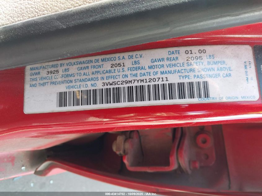 2000 Volkswagen Jetta Gls VIN: 3VWSC29M7YM120711 Lot: 43414702