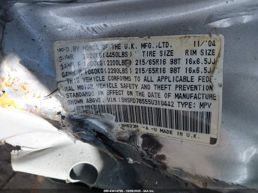 2005 Honda Cr-V Lx VIN: SHSRD78555U310442 Lot: 43414706