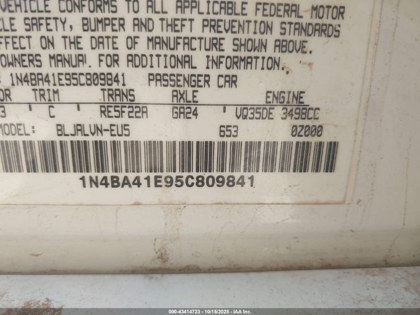 2005 Nissan Maxima 3.5 Se VIN: 1N4BA41E95C809841 Lot: 43414723